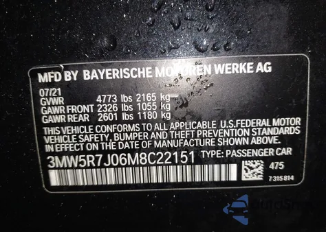 2021 BMW 330I xDrive z USA, uszkodzony, nr VIN 3MW5R7J06M8C22151